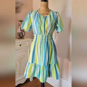 Vibrant Striped Midi Dress in Blue and Green